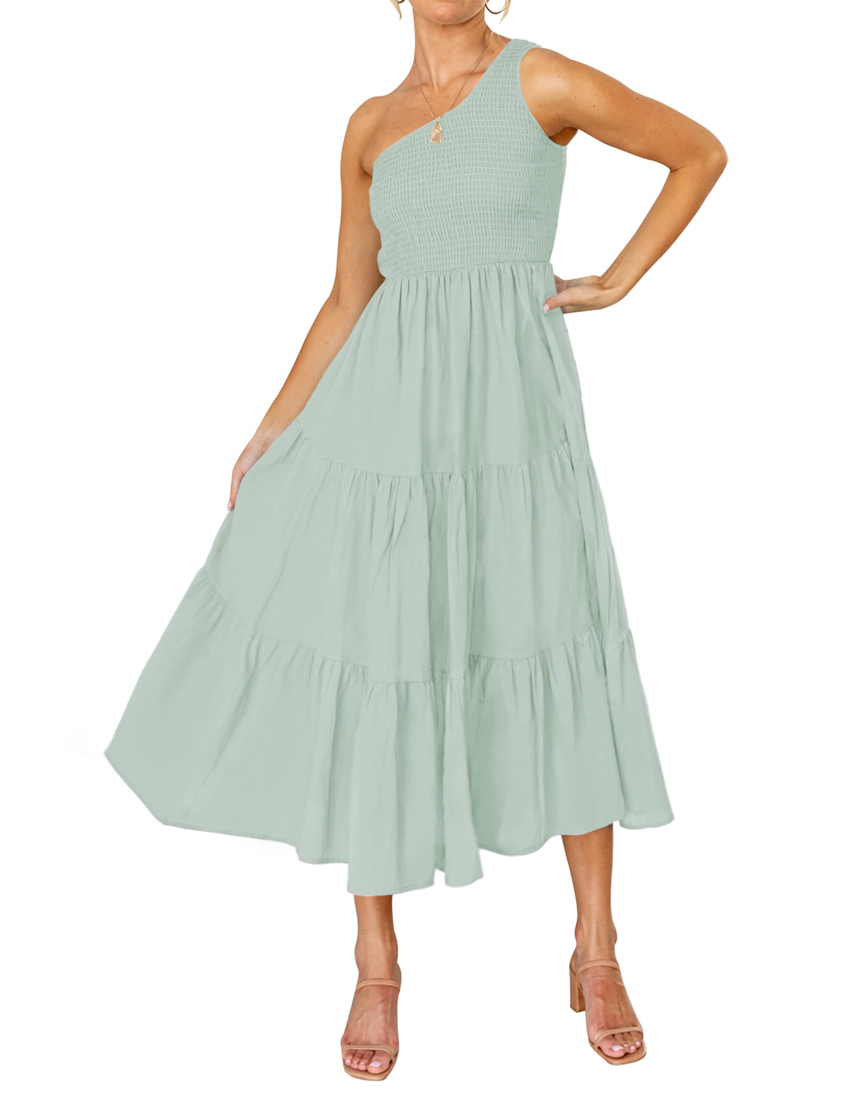 ZESICA Womens Summer Floral One Shoulder Midi Dresses | Sleeveless Long Dress, Ruffle Tiered, Fashion Smocked Dress, Boho, Smocked Bodice, Flowy A Line Dress, Beach Vacation Dress