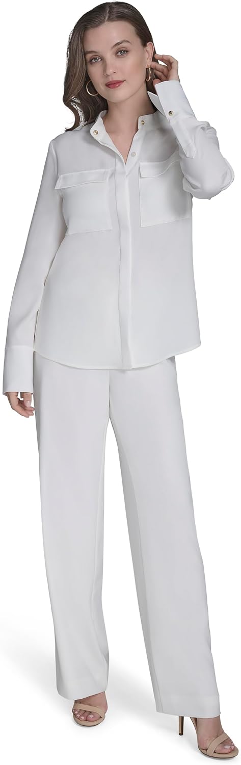 Halston Women's Long Sleeve Button Up Madarin Collar Pocket Front Blouse