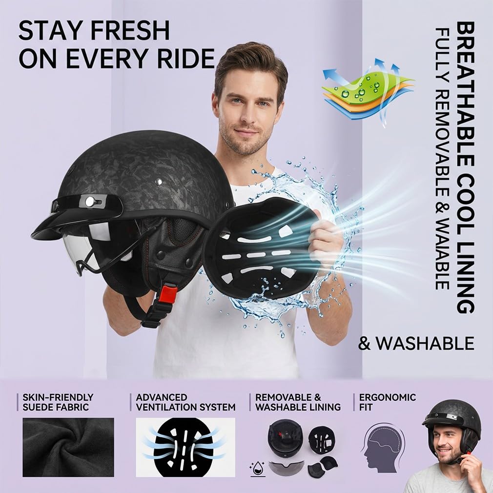 Kask motocyklowy typu jet, z maską, chowany wizjer przeciwsłoneczny, wyjmowana nadająca się do prania wkładka, zdejmowane nauszniki / osłona przeciwsłoneczna, ECE 22.06, ABS Skala, S-2XL (55-64 cm