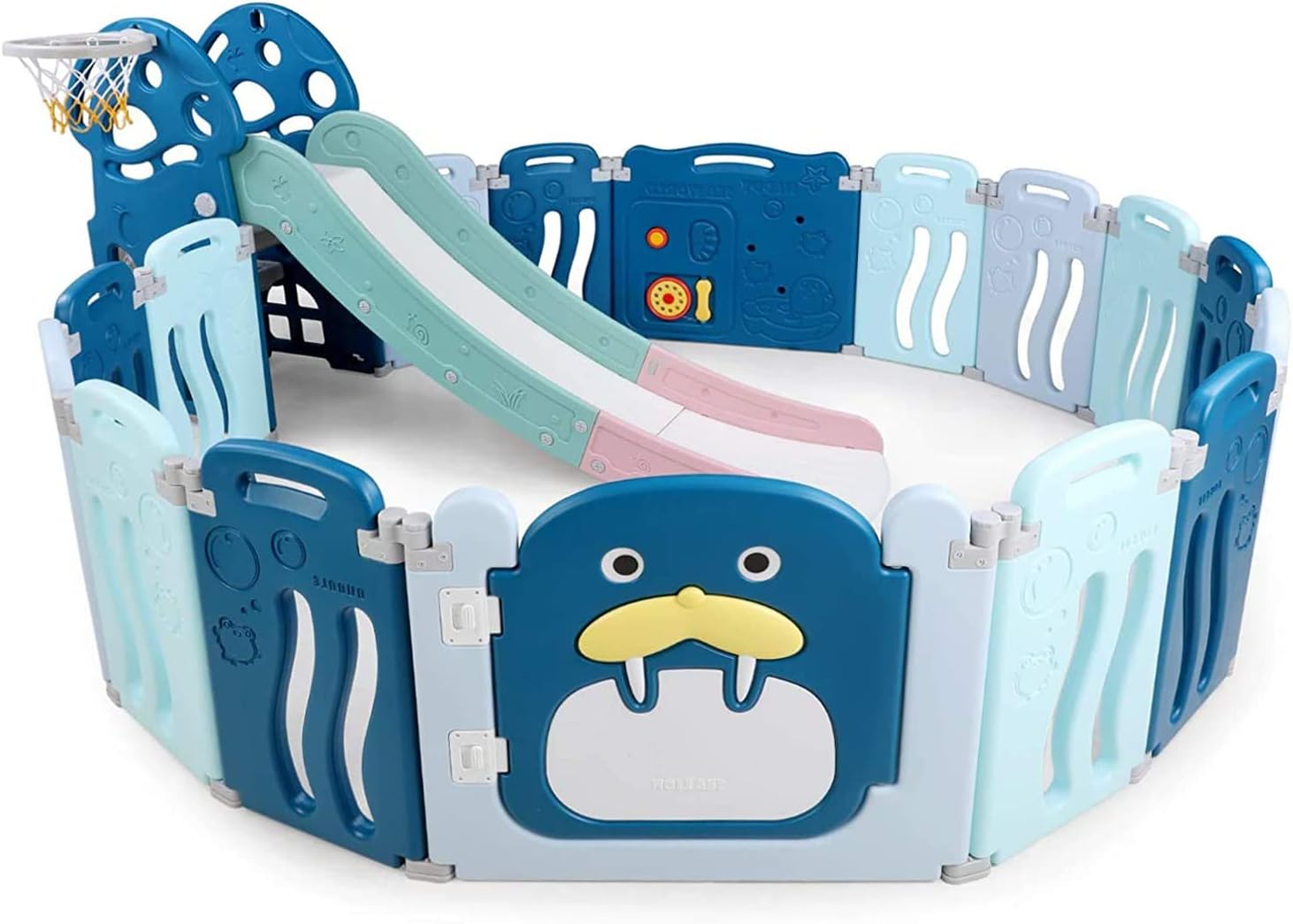 Parc Bebe Avec Toboggan Parc Enfant 16 Panneaux Modulable Et Pliable En Hdpe Avec Porte Lion De Mer Pour Enfants De 1 A 6 Ans Amazon Fr Bebe Et Puericulture