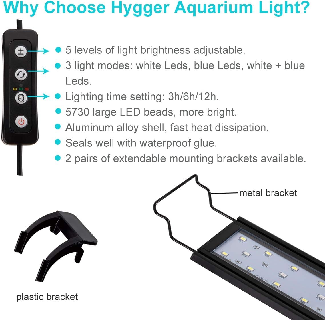hygger Adjustable Aquarium Light 25W Blue White LEDs with Aluminum Alloy Shell Extendable Brackets,with External Controller Dimmer, for Freshwater Fish Tank (36-46 inch)