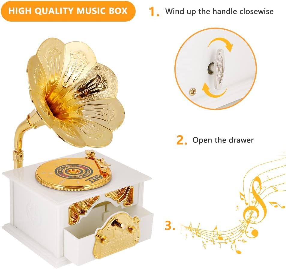 Image of AUGEN Exclusive Music Box Musical 360 rotatable Carousel Children's Wooden Men and Women Birthday Creative Christmas Valentine's Day Gift Home Decoration (Gramophone D)