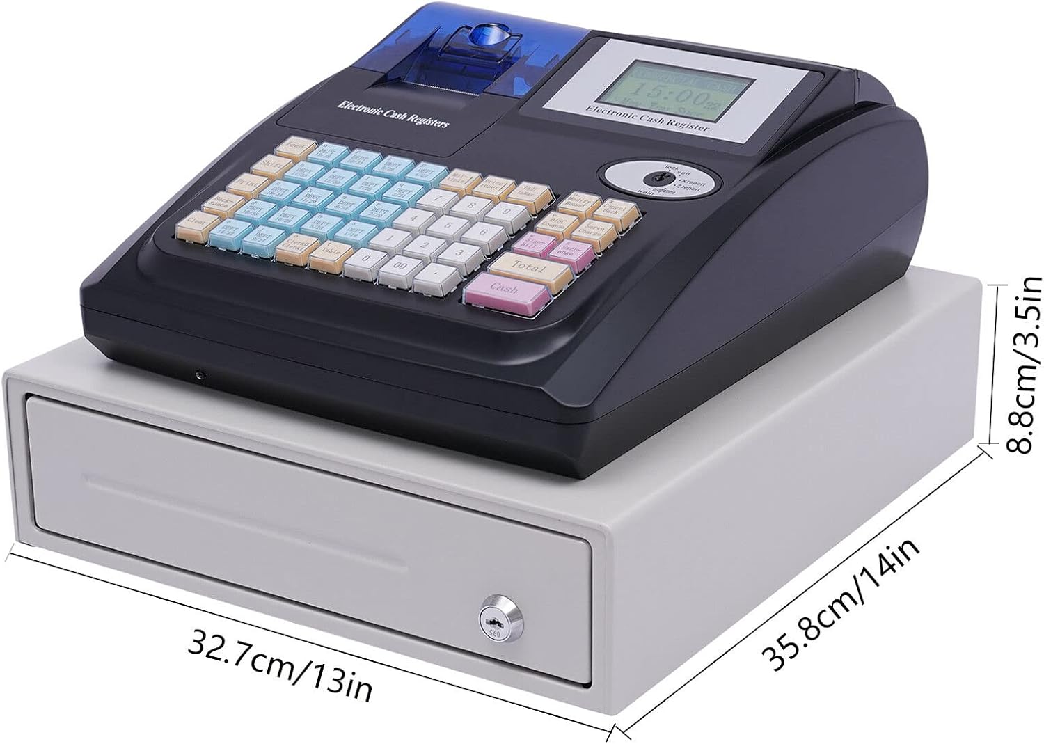 Side view of the LIKARVA cash register with dimensions: 33.2cm (13in) width, 27.8cm (11in) depth for the main unit, and the cash box measuring 32.7cm (13in) by 35.8cm (14in) by 8.8cm (3.5in).