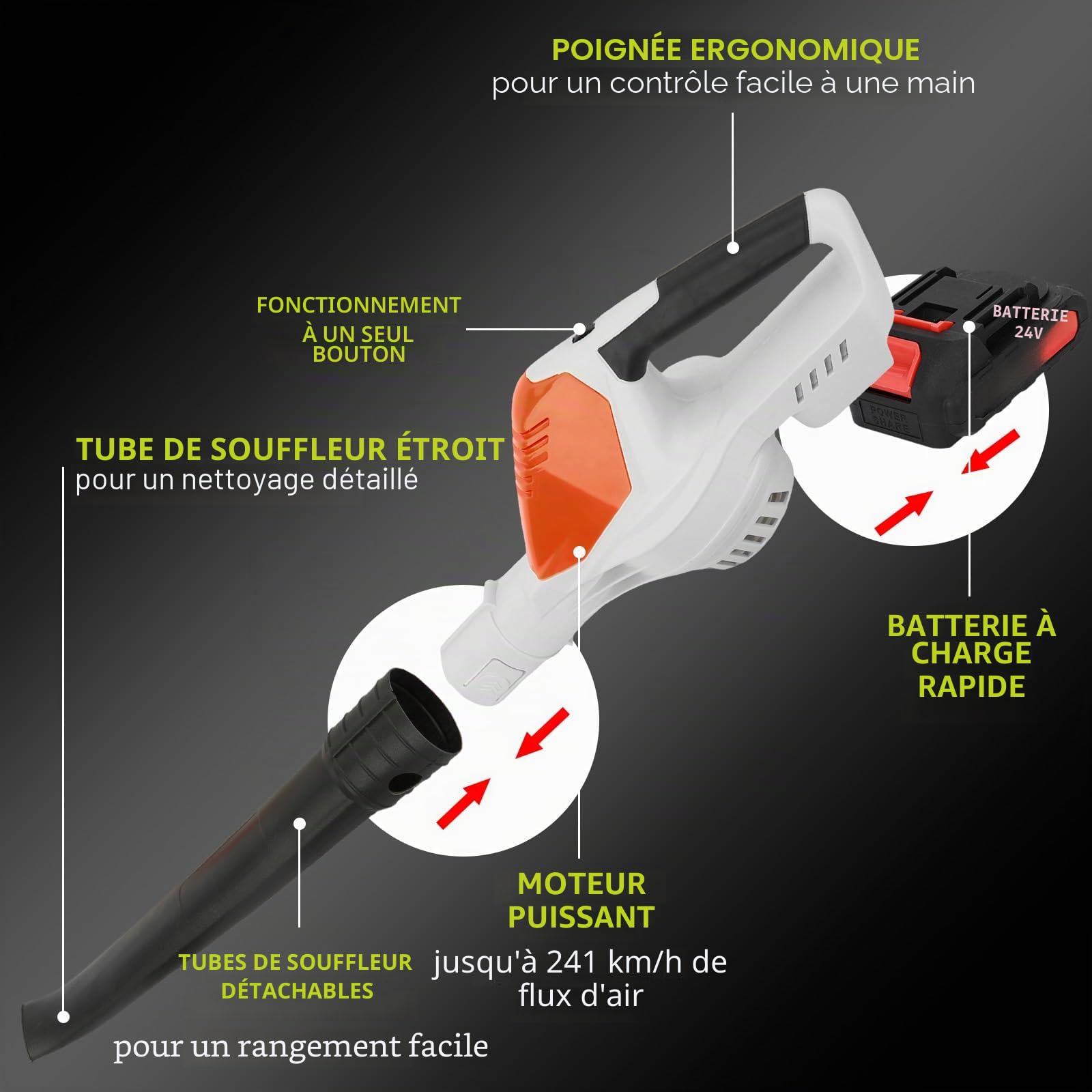 Souffleur à feuilles sans fil 24 V avec batterie et chargeur, souffleur électrique pour l'entretien de la pelouse, souffleur à feuilles à piles, souffleur sans fil, léger, pour toutes les saisons