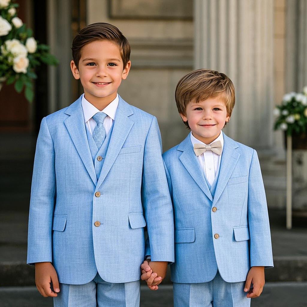 Completo in lino per bambini, abbigliamento formale, 3 pezzi, gilet, giacca, pantaloni, set