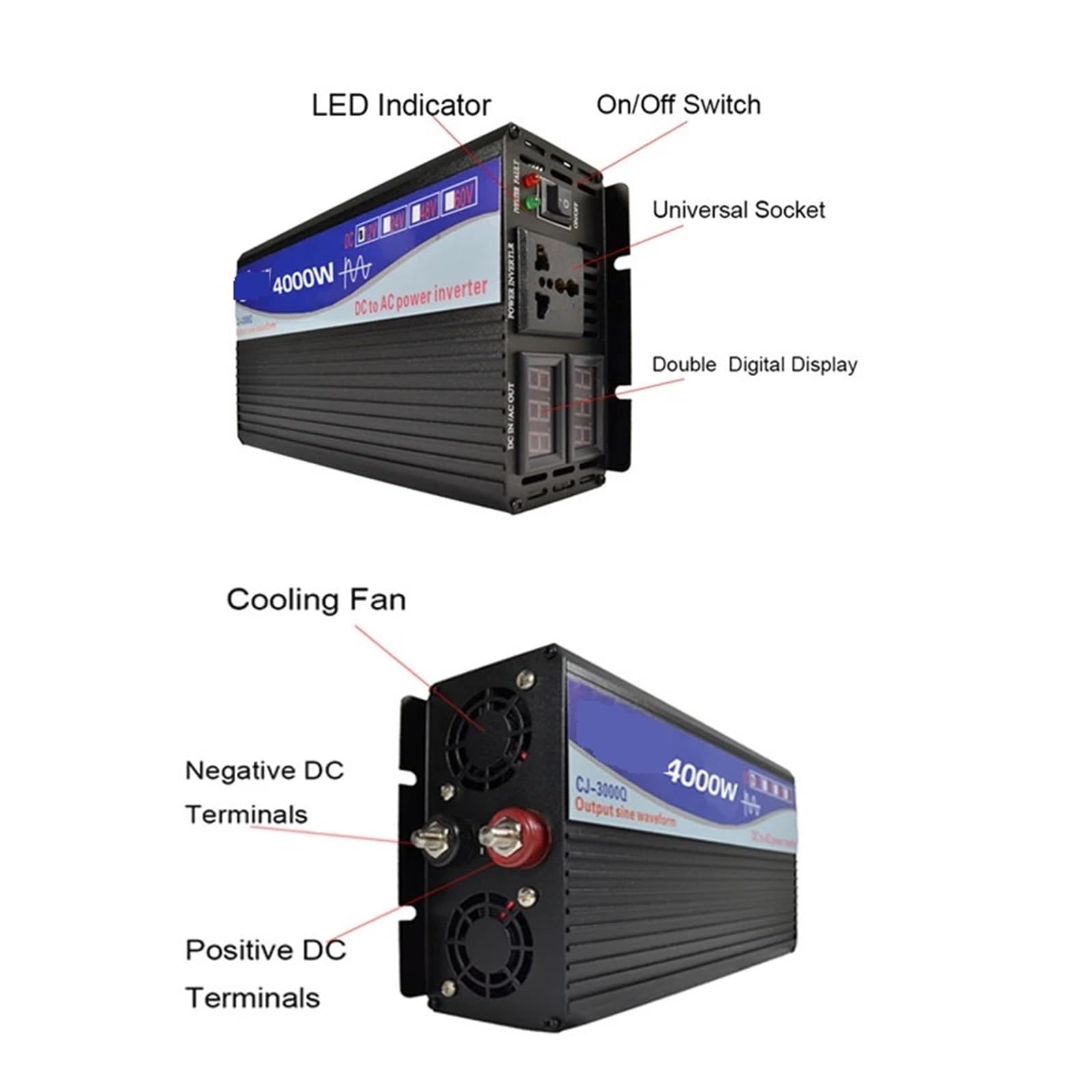 Czysty falownik sinusoidalny 2000 W 3000 W 4000 W DC 12 V 24 V 48 V do AC 100 V 220 Przetwornica mocy 50 Hz 60 Hz Uniwersalny falownik samochodowy solarny)(Peak Power 2000w,24V-230V(60HZ))