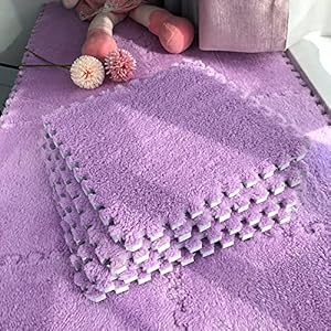 12pcs Interlocking Carpet Shaggy Soft EVA Foam Mats Fluffy Rugs Protective Floor Tiles Exercise Play Mats for Children Kids Room Home Parlor Bedroom(Purple)