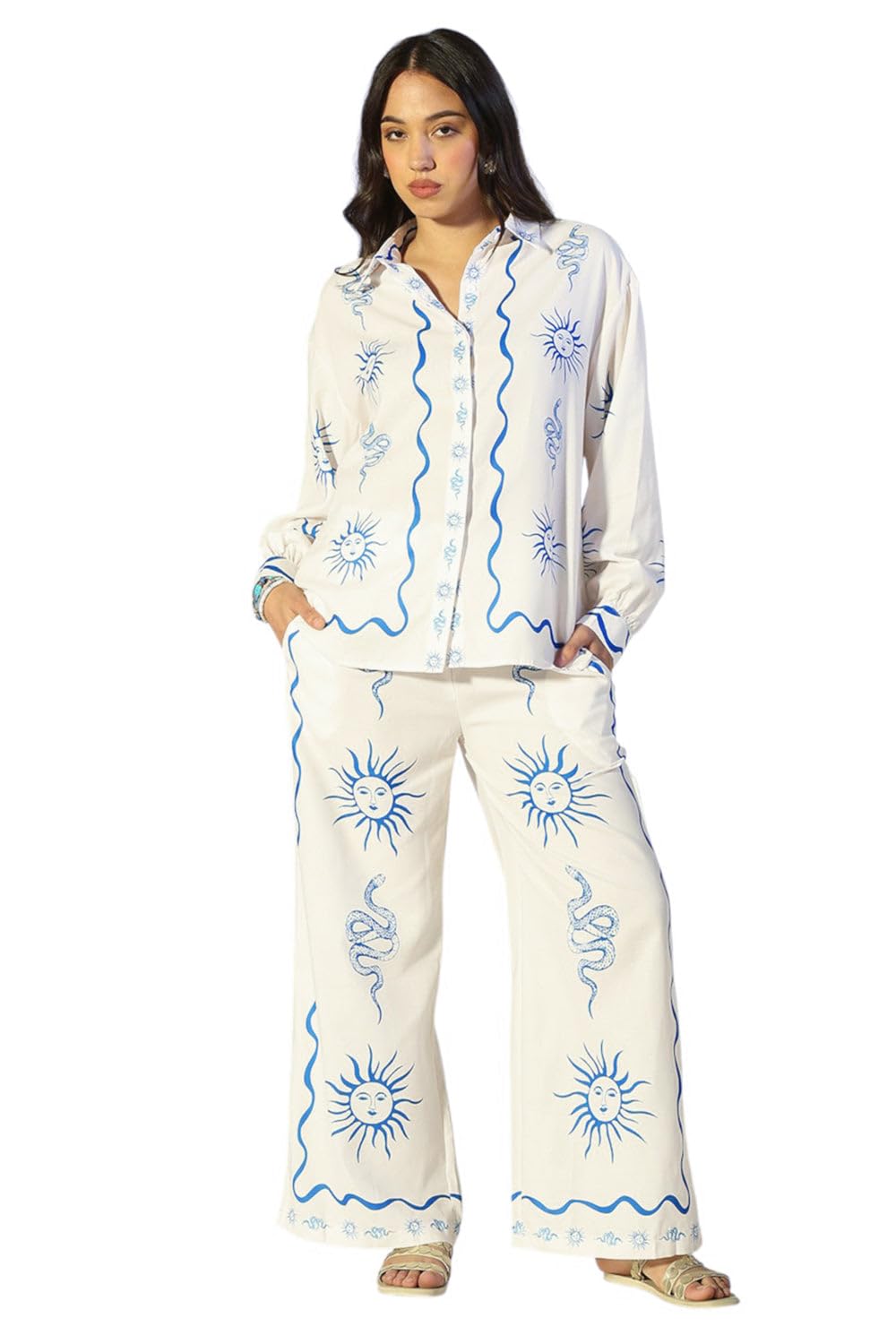 Edition Women's Printed Off-White Shirt & Wide-Leg Pants Co-Ord Set-CHN-630_OffWhite-P-image-23