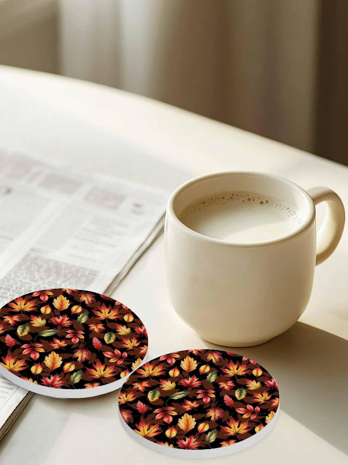 Coasters for Drinks Set of 8 with Holder, Fall Thanksgiving Vintage Maple Leaf Ceramic Cup Mat, Absorbent Ceramic Stone Coasters with Cork Base for Coffee, Cups, Wooden Table, Home Decor 4 Inch