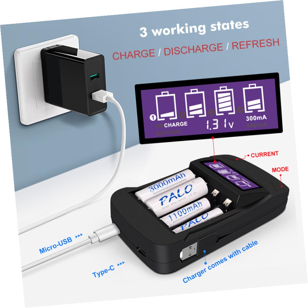 HEMOTON 2piezas Cargador De Batería USB Inteligente De Ranuras Pantalla LCD Adaptador Multifuncional para AA AAA Función De Descarga y Recarga Portátil para Doméstico Negro