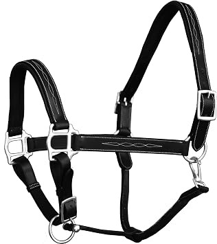 Exion Designer Stitched Padded Cushioned Horse Halter- Silver Hardware | Adjustable Chin and Throat Snap Halter | Replaceable Crownpiece Halter | Quick Release | Black, Havana Brown | Over, Full
