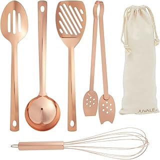 Ustensiles de cuisine en cuivre doré rose avec louche, fouet, pince, spatule ajourée, cuillère (5 pièces)