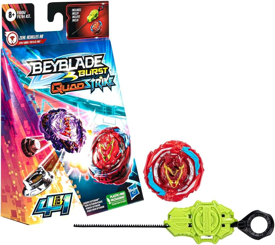 Beyblade Burst QuadStrike Zeal Achilles A8 Spinning Top Starter Pack, Balance/Defense Type Battling Game with Launcher, Kids Toy Set