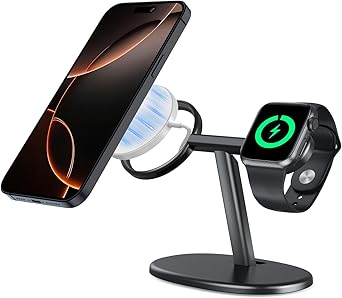 EWA 2-in-1 MagSafe Charging Stand for iPhone 16/15/14/13/12 & Apple Watch Series, SE, Ultral Ergonomic Viewing Angle, Non-Slip Base, Universal Compatibility Chargers Not Included - Black