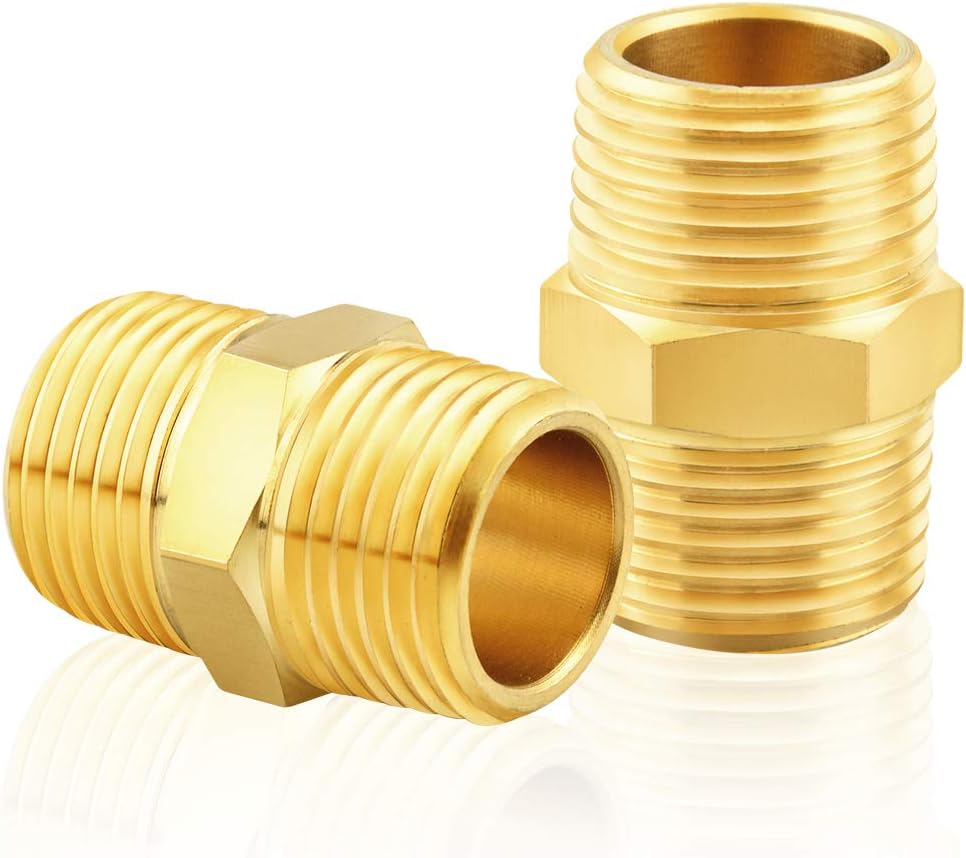 TAILONZ PNEUMATIC 1" NPT Male Pipe Hex Nipple, Brass Pipe Fitting（2Pcs）