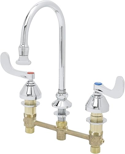 T&S Brass B-2865-04 Montaje en cubierta 8 pulgadas Centros rígido cuello de cisne grifo médico con spray rosa mangos de muñeca de 4 pulgadas