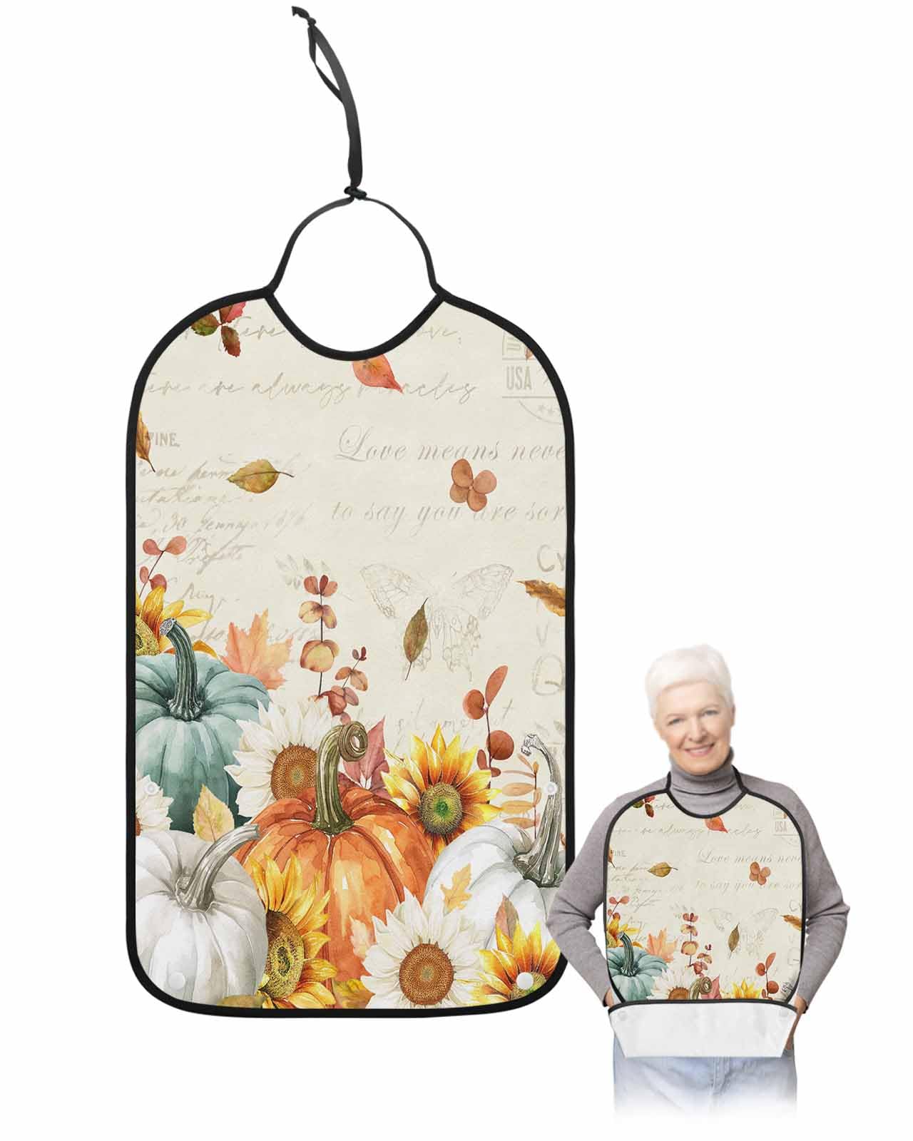 LEOKOTI Teal Orange White Pumpkins Adult Bibs for Eating, Waterproof Bibs with Food Catcher & Adjustable Snap Closure, Fall Thanksgiving Maple Leaf Washable Clothing Protectors Adult Bibs for Elderly