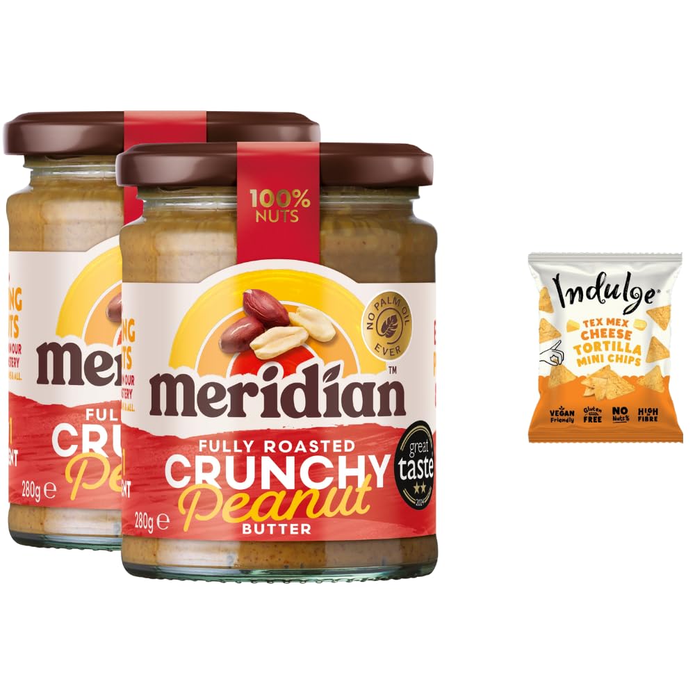 Meridian Crunchy Peanut Butter 280g + Indulge Snack - No Palm Oil, No Added Sugar & Salt - Vegan, Gluten & Dairy Free (Pack of 2) from SuperfoodUK (280g (Pack of 2)