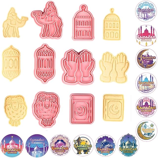Acewen 6Pcs Eid Cookie Cutters Eid Biscuit Mould Baby Shower Cookie Cutters Ramadan 3D Cookie Cutters Mini Biscuit Mold with 60Pcs FREE Stickers for Graduation Party Supplies