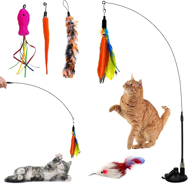 Autoau Cat Toys for Indoor Cats Adult Kitten Interactive Training, Cat Feather Toys Suction Cup Interactive Cat Teaser, Cat Wand with 5 Bells and Feather Filler