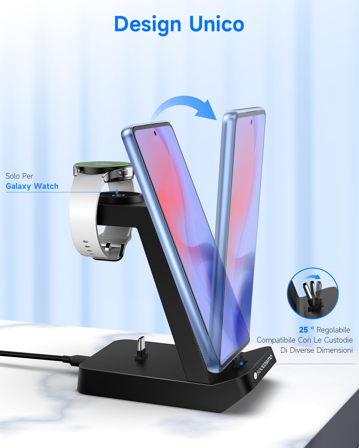 seacosmo Stazione di Ricarica per Samsung 3 in 1, Caricatore per A17/A16/A15/A55/A25/A54, Caricabatterie per Galaxy Watch 8/7/6/5 Pro/4/3, Supporto di Ricarica per Galaxy Buds