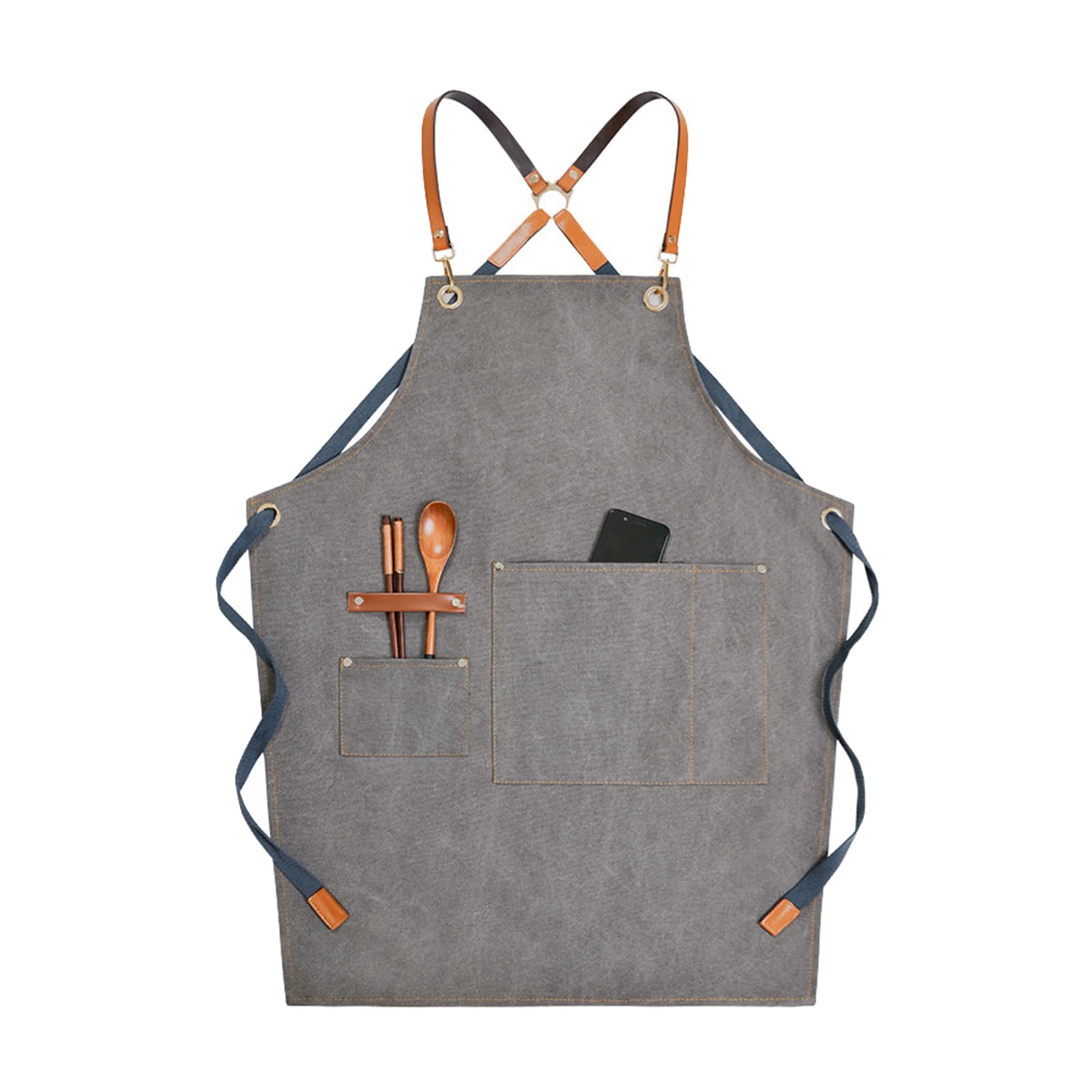 Cbbeonrn Men's Grey Chef Aprons For Wo With Large Pockets, Denim Cross Back Heavy Duty Adjustable Work Apron, Size M To Xxl,One Size,
