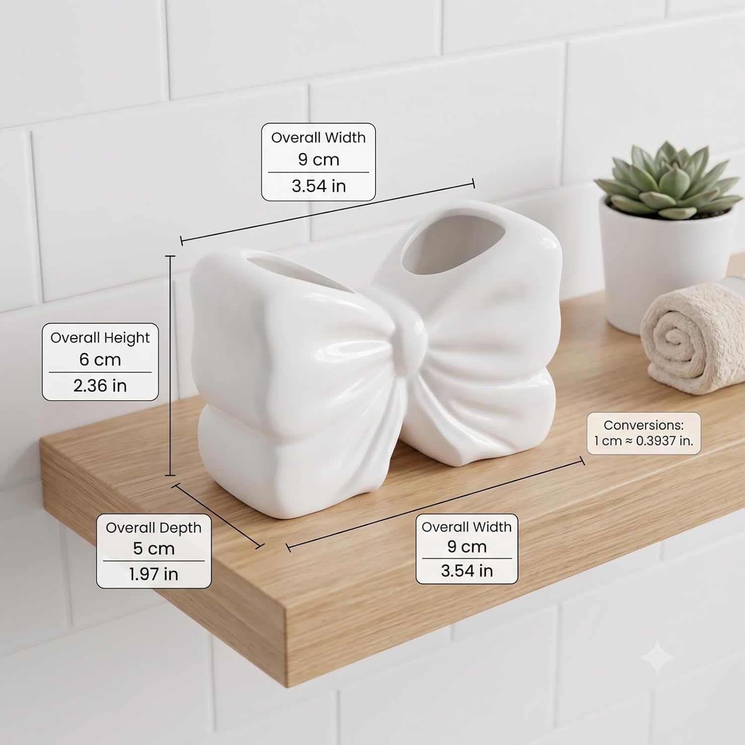 4 Inch Bow Toothbrush Holder - Cute Bathroom Accessories, Vintage Decorative Organizer - White image 2