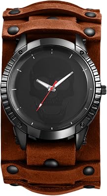 JewelryWe Mens Leather Cuff Watch - Punk Skull Analog Quartz Watches Hip Hop Gothic Steampunk Wide Leather Wristwatches for Fathers Day