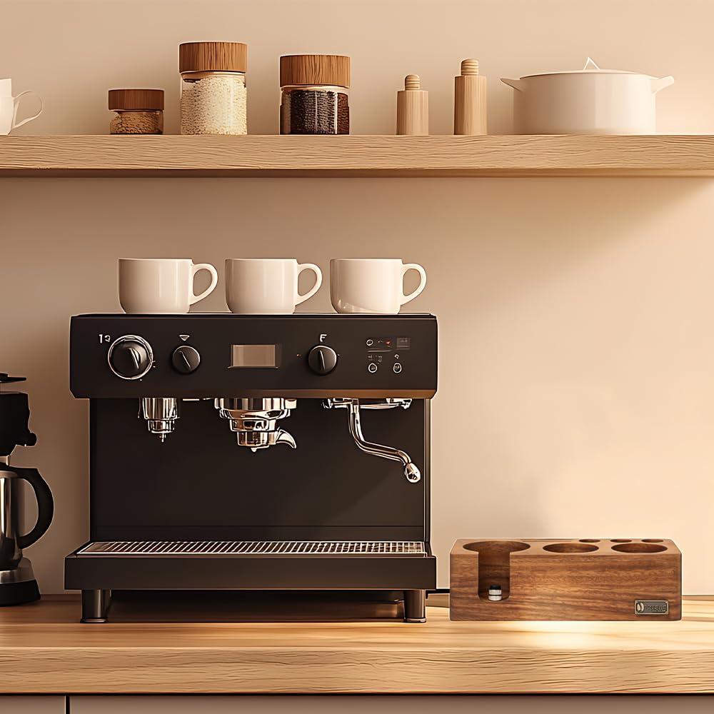 Estación de Prensado Café 58 mm de Madera de Nogal Estación de Apisonamiento Espresso para Portafiltros de 58 mm Accesorios de Barista, Altura Ajustable, con Almohadillas Antideslizantes