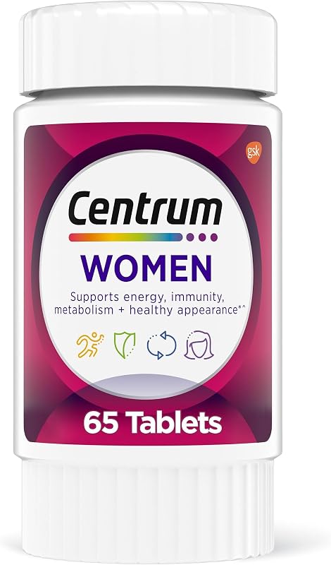 Centrum Multivitamin for Women, Multivitamin/Multimineral Supplement with Iron, Vitamin D3, B Vitamins and Antioxidant Vitamins C and E, Gluten Free, Non-GMO Ingredients - 65 Count (Pack of 12)