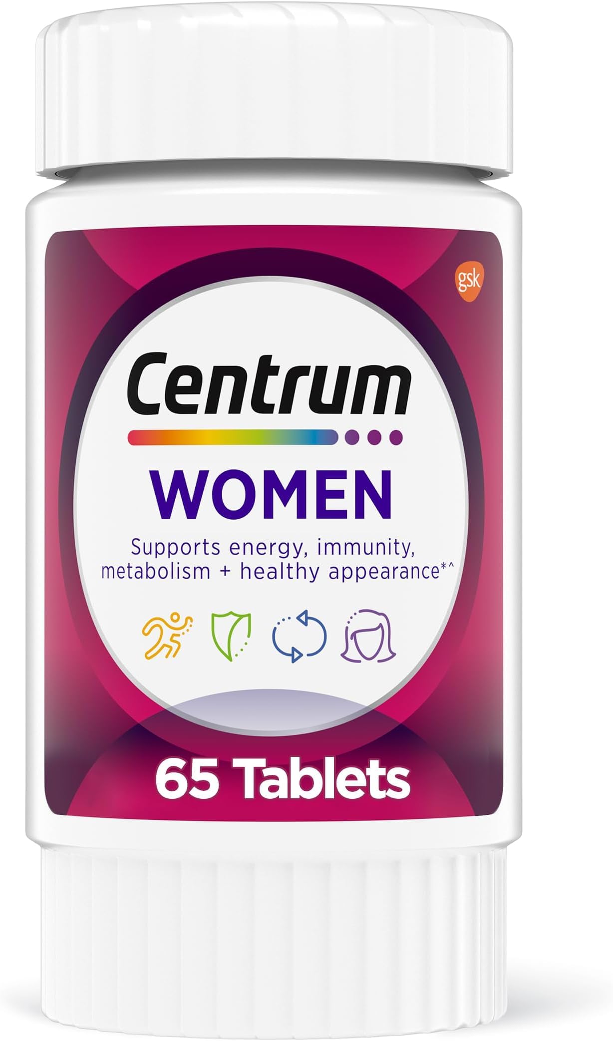 Centrum Multivitamin for Women, Multivitamin/Multimineral Supplement with Iron, Vitamin D3, B Vitamins and Antioxidant Vitamins C and E, Gluten Free, Non-GMO Ingredients - 65 Count (Pack of 12)