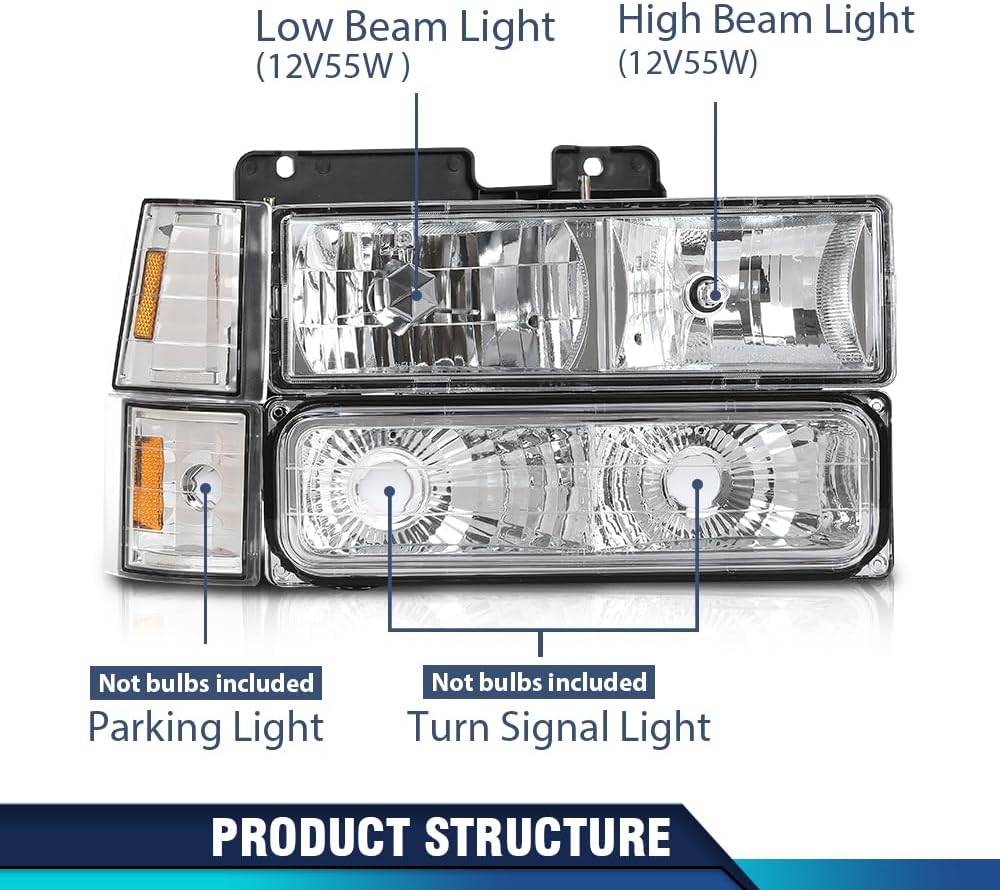 PIT66 Headlight Assembly Compatible with 1994-1998 Chevy/GMC Suburban C/K 1500 2500 3500 Yukon Tahoe/1994 Blazer, Halogen Headlamp Turn Signal Lamps Bumper Lights Clear Lens Chrome Housing