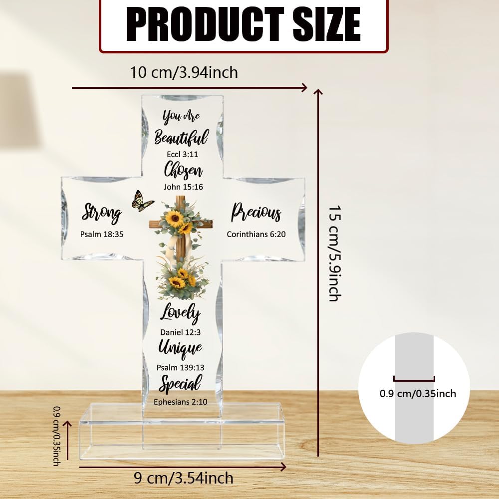 WEBEEDY Bible Verse Sunflower Cross Decor Acrylic Standing Cross with Base, Baptism Memorial Gifts for Women Men Biblical Verse Crucifix Ornament for Home Office Desk Decor
