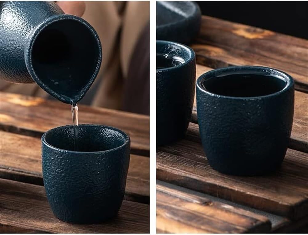 Vintage Sake Set,Japanese Traditional Ceramic Sake Serving Sets 6Pieces, Pottery Sake Bottle and 4 Cups,1Tray,Ideal for Sake (B)
