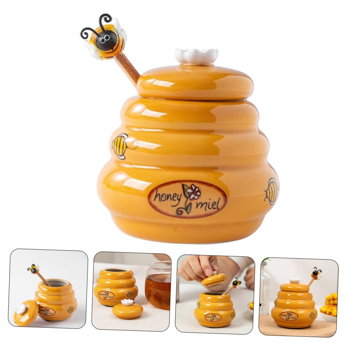 Hohopeti Tarro Dispensador Compacto Seguro Naranja de Miel de Cerámica de 140ml con Tapa y Cucharón para Almacenamiento en Cocina