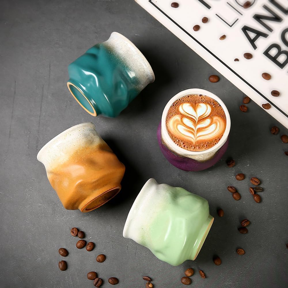 Ceramic Espresso Cups Set of 4 7.4oz Demitasse Cups for Coffee & Tea, No Handles, Durable & Dishwasher Safe