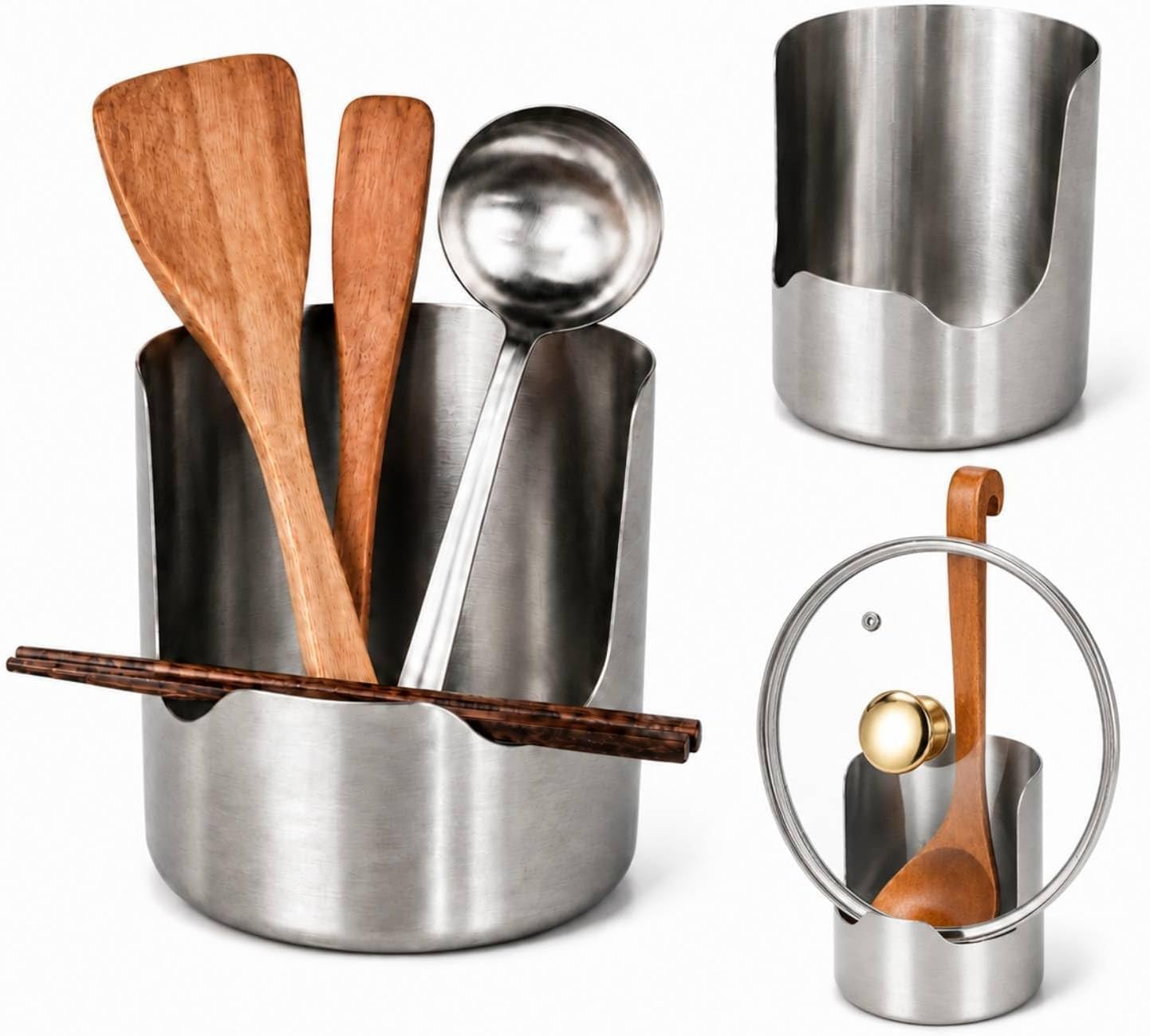 Compact 2-In-1 Stainless Steel Utensil Holder and Pot Lid Rack with Spoon Rest,3.94-Inch Base (1Pack)