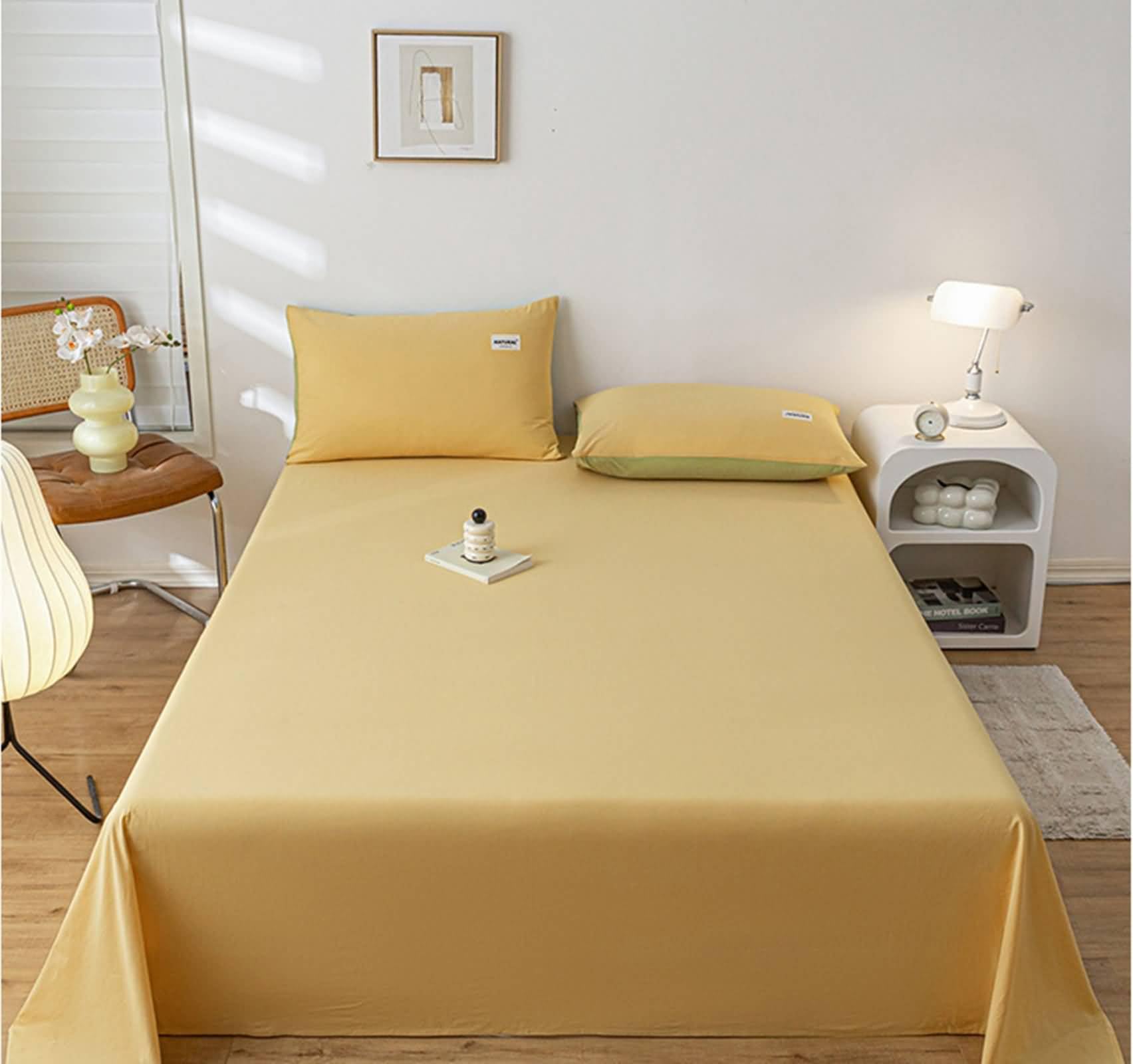 Sabanas de Verano Cama Matrimonio,200 x 230 CM,Ropa de Cama Algodón Color Sólido Sabanas de Matrimonio Amarillo