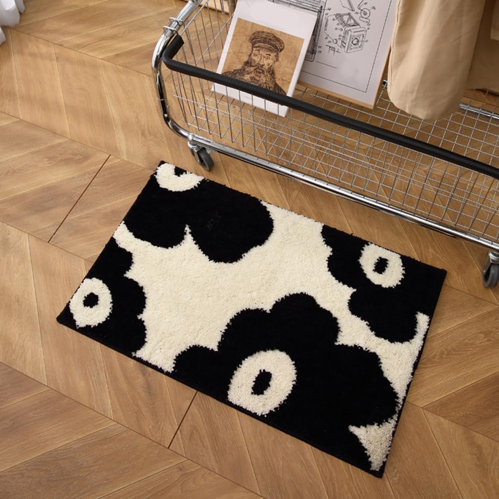 LIKETN Black and White Floral Bathroom Rug Soft Non-Slip Washable Microfiber Bath Mat Cute Rose Flower Water Absorbent Bath Rugs Thick Plush Shaggy