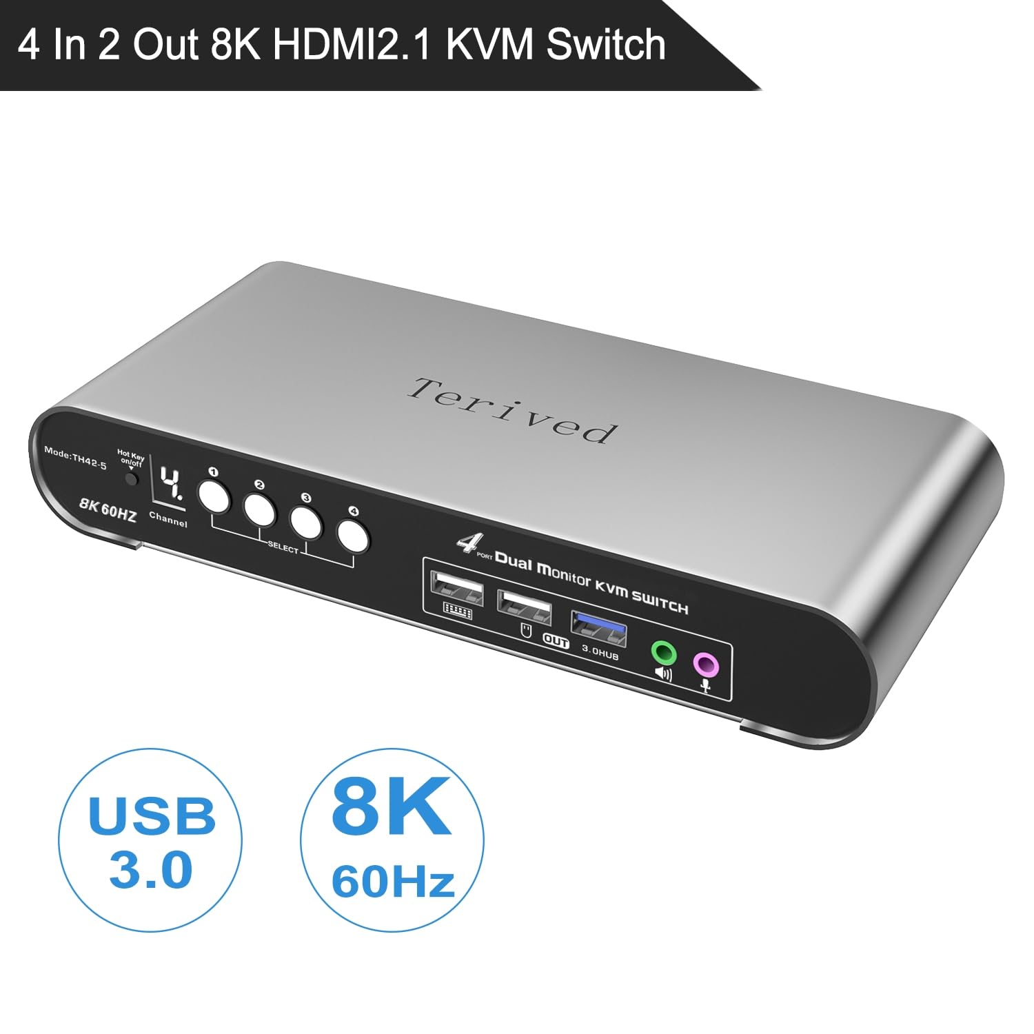 Terived 4 Computers 2 HDMI Monitor Automatic KVM Switch 8K@60Hz, Hotkey Switching, EDID, with Audio and Microphone, Aluminum Shell with Digital Display, USB 3.0 Hub, HDR10 with Cables