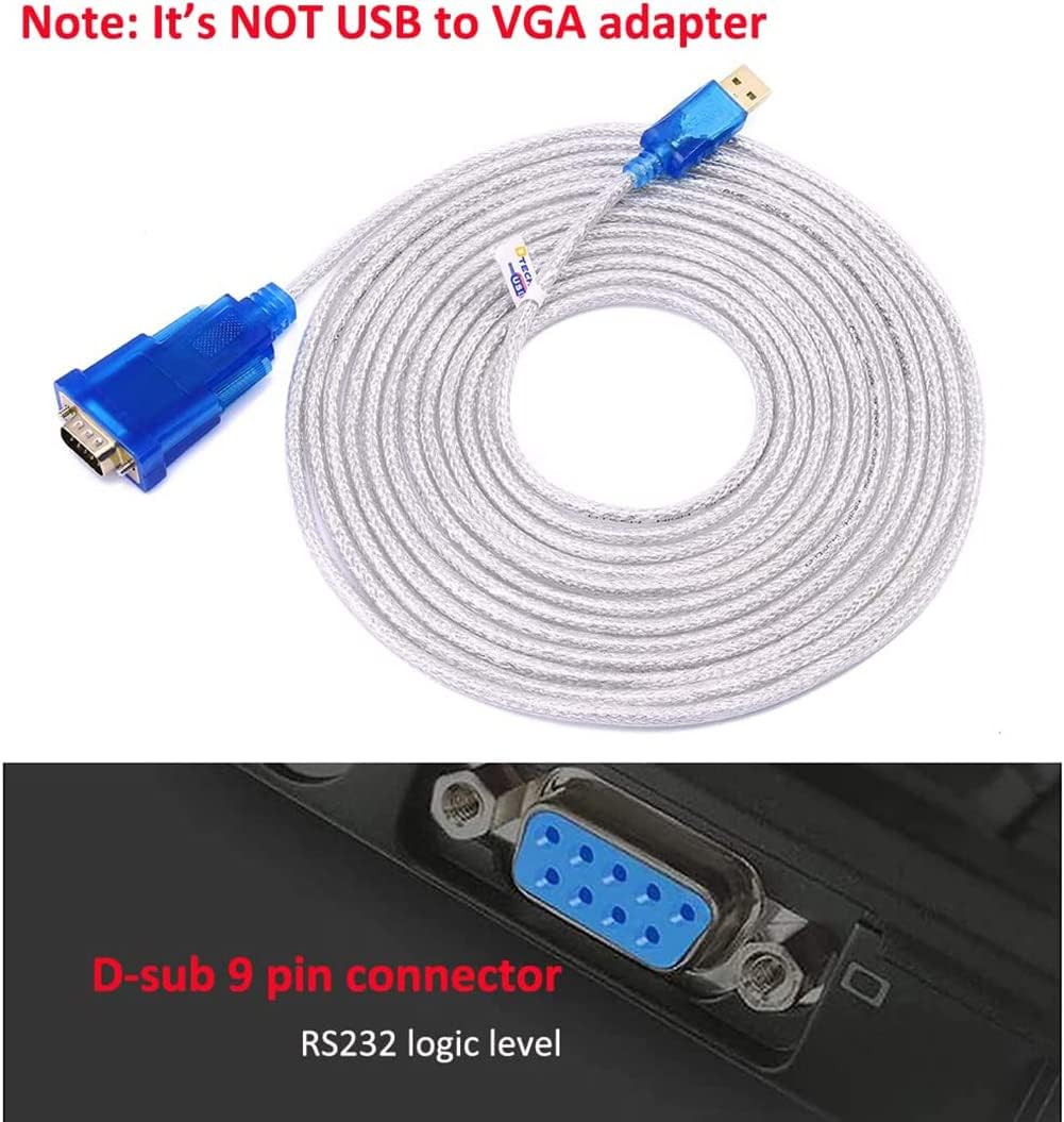 DTECH USB to RS232 DB9 Serial Adapter Cable showing USB-A and DB9 male connectors