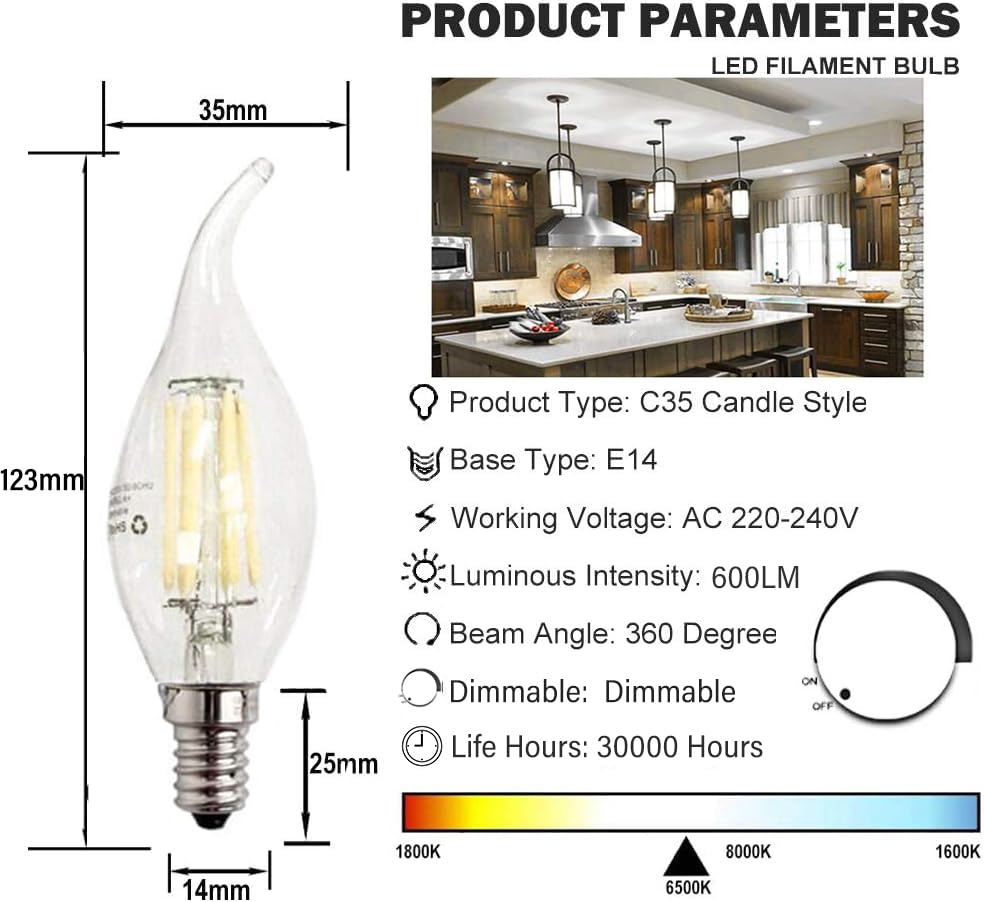 ZFQ E14 Dimmable LED Candle Light Bulbs, 6W 60W Equivalent Cool White 6500K, 600LM, C35 Bent Tip Flame Shape - Image 2