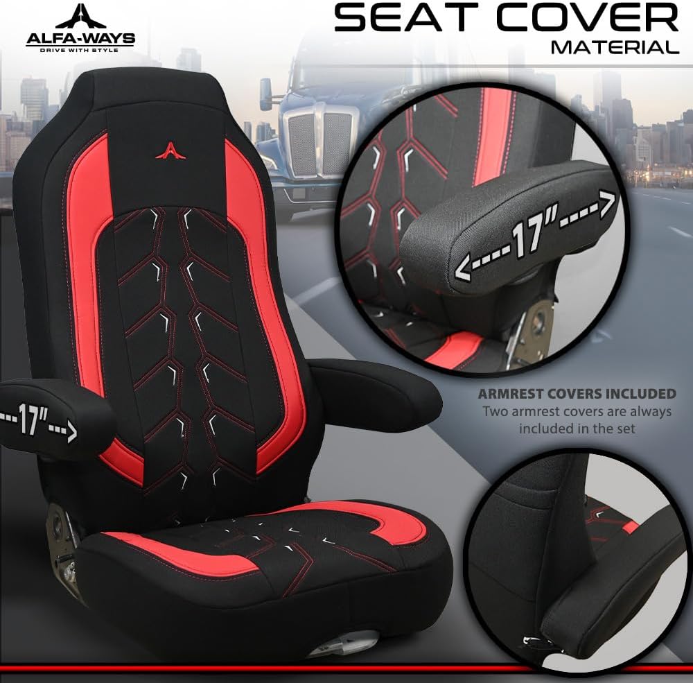 Seat Covers for Trucks fits Kenworth T-680, T-880, W-990 - Seat Cover Red - Leather Seat Covers in Eco Long Armrests 17" - Suspension Seat - Truck Seat Cover