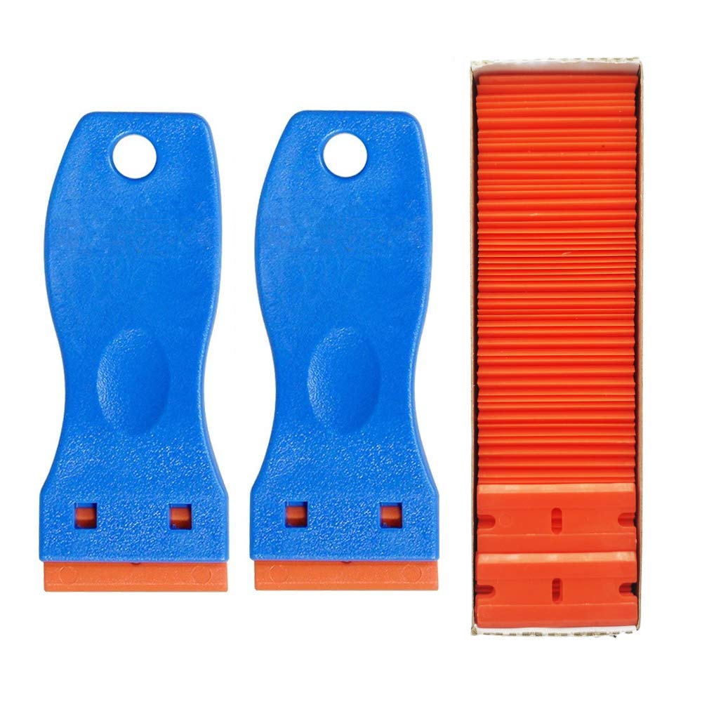 GUGUGI2 Pack Plastic Razor Scrapers Paint Scraper Tool Wallpaper Scraper Paint Remover Putty Knife with 100 PCS Double Edge Plastic Razor Blades Ideal for Removing Labels Stickers and Decals
