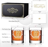 Vista 2 de Perfectinsoy Juego de regalo de cristal de whisky de 10 años de feliz aniversario, regalo de boda para mamá, papá, abuelos, alma gemela, pareja