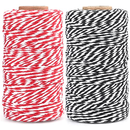 G2PLUS 200M Ficelle Coton Noël Cordelette Bicolore Noir et Rouge 2MM Ficelle Cadeau Decorative Cordes pour l'emballage de Cadeaux de Noël et Bricolage Artisanat