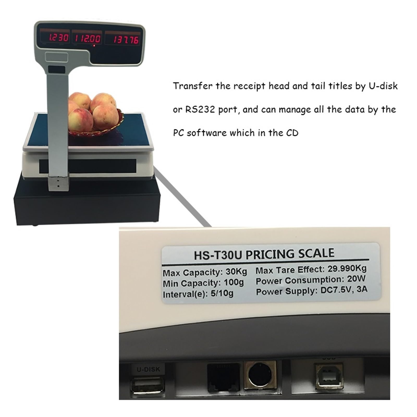 Digitale Waa, 30 kg, Küchenkassen-Belegwaa mit Software for POS-Einzelhandelsschäfte Einfach einzurichten(Cash box)