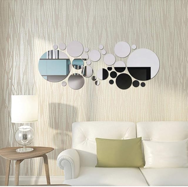 Round Mirror Wall Stickers, Removable Acrylic Mirror Setting Wall Sticker Decals, 56 Pcs DIY Self Adhesive Circle Mirror Plastic Wall Tile Stickers Home Wall Decoration for Living Room Bedroom Hallway