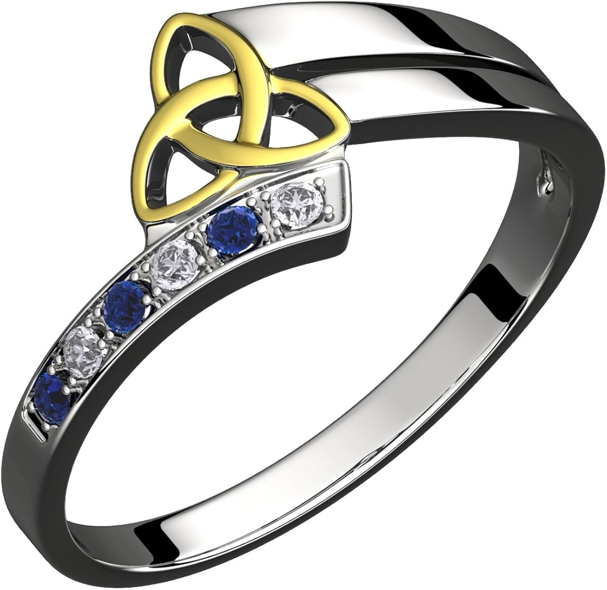 GWG Jewellery Sterling Silver Ring with 18K Gold Coated Celtic Triquetra Trinity Knot Embellished with Sapphire Blue Stones