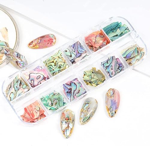 Miniatura 7 de Rebanadas de concha de abulón de 12 rejillas, rebanadas irregulares de concha de abulón, arte de uñas, copos de purpurina, suministros de uñas